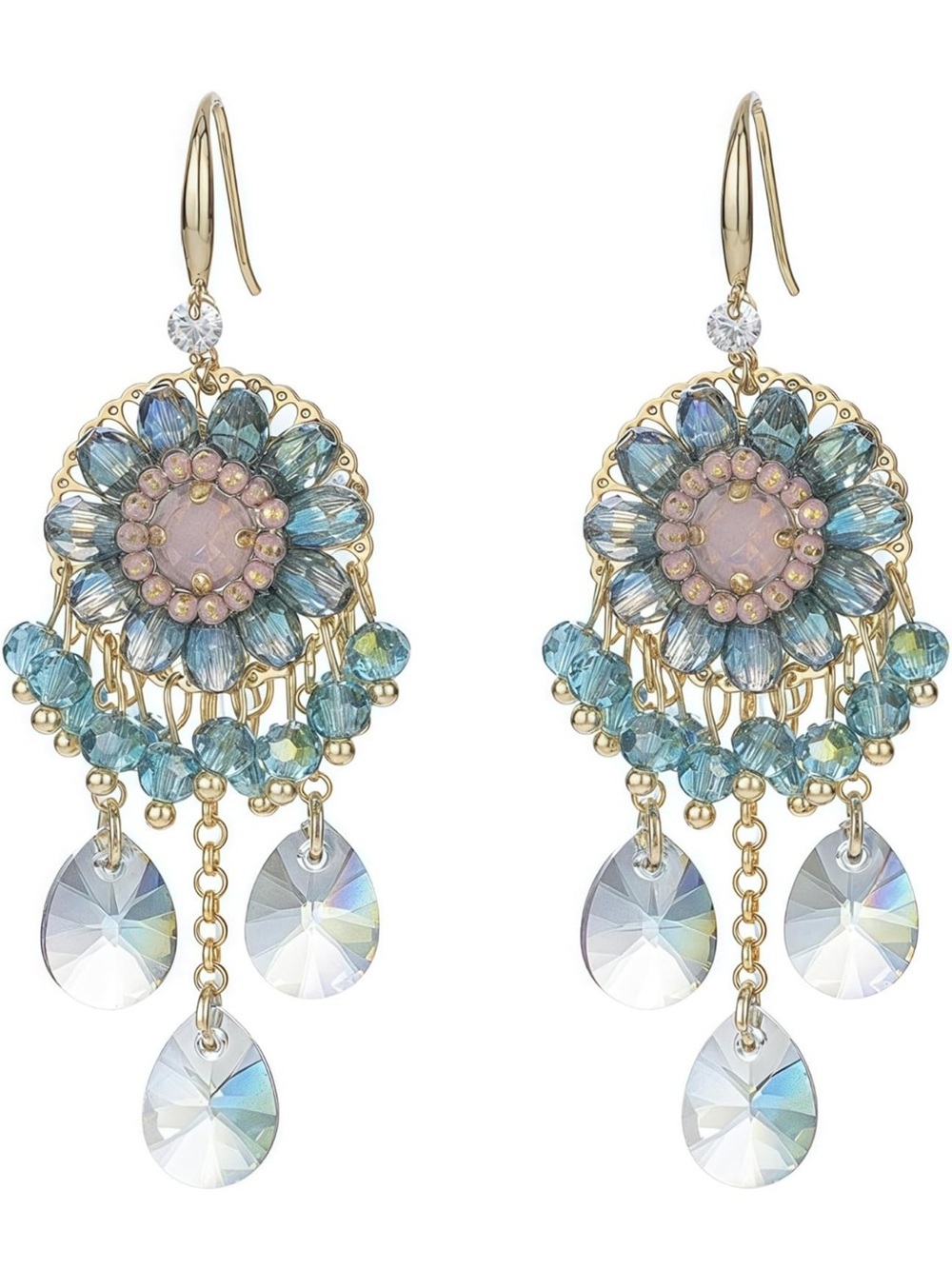 Anthropologie Gold-Tone Blue and Pink Crystal Chandelier Earrings - Picture 6 of 6